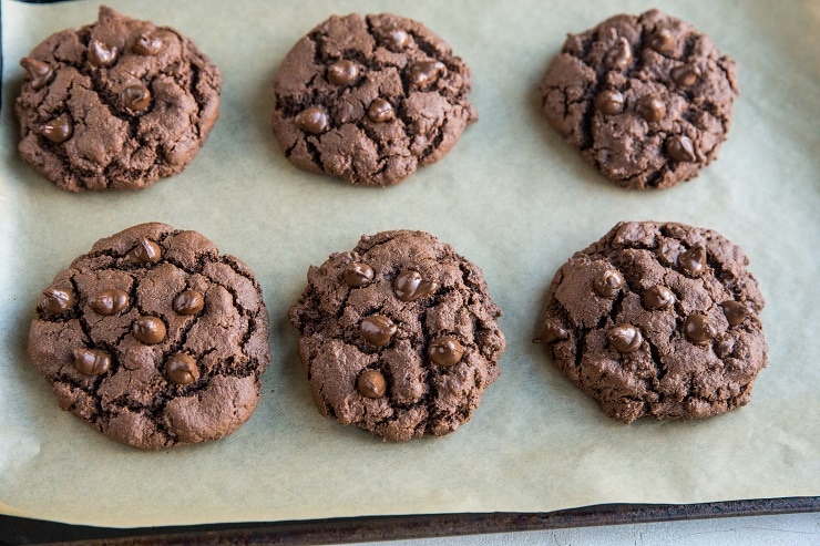 Double chocolate gluten-free cookies on a baking sheet