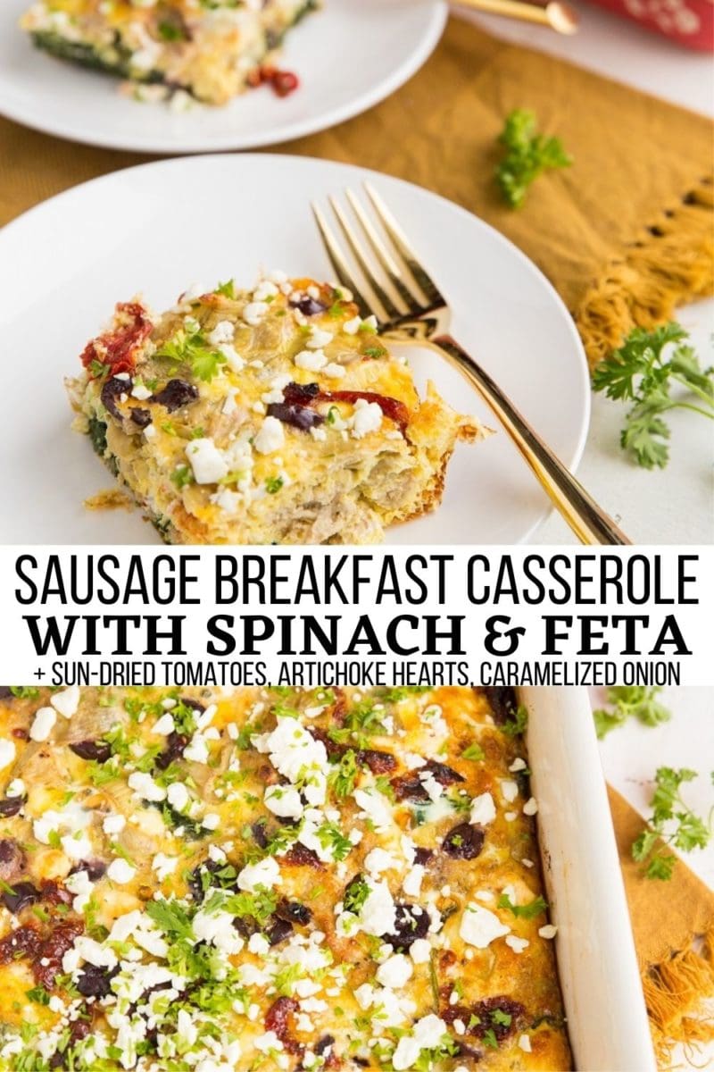 Greek Sausage Breakfast Casserole with Italian sausage, spinach, feta, kalamata olives, artichoke hearts, caramelized onion, and sun-dried tomatoes. Packed with flavor for a low-carb meal!