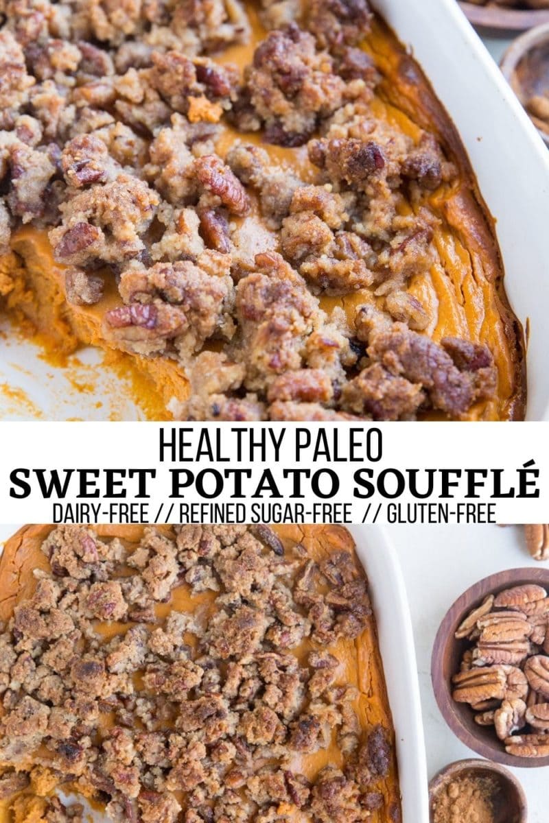 Paleo Sweet Potato Soufflé is airy and fluffy, infused with cinnamon and topped with an amazing crispy nutty topping. Dairy-free, refined sugar-free and a healthier take on sweet potato soufflé, this is an amazing side dish for sharing throughout the holiday season.