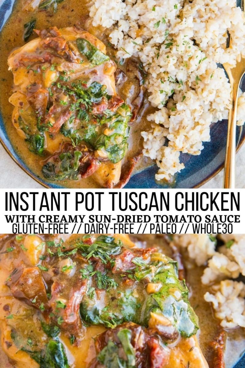 Instant Pot Creamy Tuscan Chicken with dairy-free sun-dried tomato sauce and spinach is a rustic, enticing main dish! Serve it up with rice, noodles, or your favorite side dishes for a complete meal.