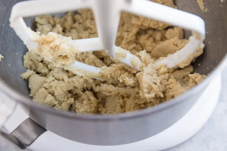Keto thumbprint cookie dough in a stand mixer