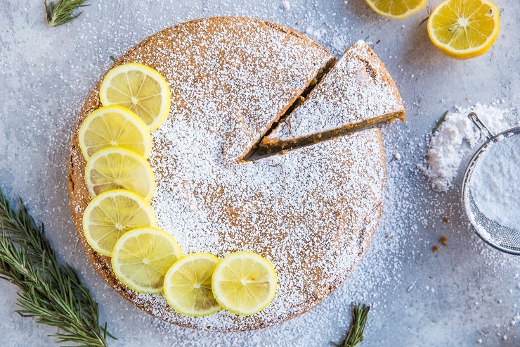 Lemon Rosemary Olive Oil Cake - grain-free, refined sugar-free, dairy-free, rustic and delicious. An easy, gluten-free cake recipe!
