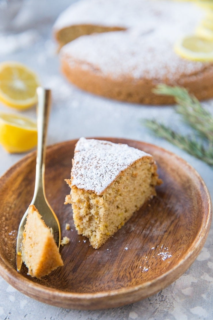 Grain-Free Olive Oil Cake with lemon and rosemary. A healthy, rustic, delicious cake that is gluten-free, refined sugar-free, and dairy-free
