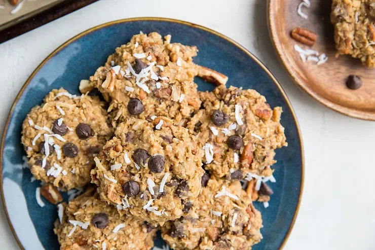 Easy No-Bake Kitchen Sink Cookies with peanut butter, oats, pecans, shredded coconut, chocolate chips. Vegan, gluten-free and refined sugar-free