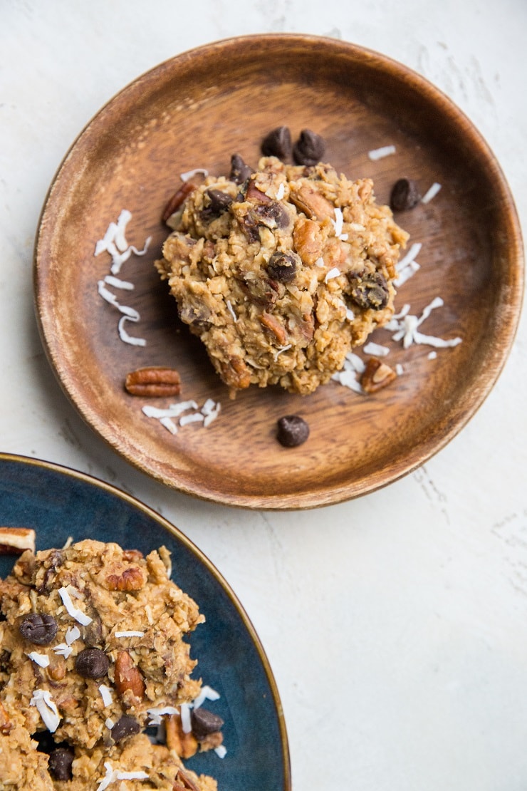 No-Bake Vegan Cookies with peanut butter, oats, shredded coconut, chocolate chips, and pecans