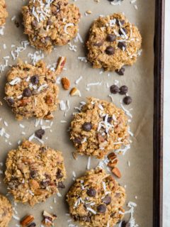 6-Ingredient No-Bake Kitchen Sink Cookies with peanut butter, oats, shredded coconut, pecans, and chocolate chips are the easiest, dreamiest no-cook egg-free cookies! Vegan, gluten-free, and refined sugar-free, these cookies are amazing for any occasion.