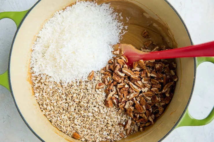Stir in the oats, coconut and pecans
