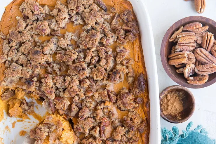 Gluten-Free Healthy Sweet Potato Soufflé with pecan streusel topping - paleo, grain-free, dairy-free, and delicious!