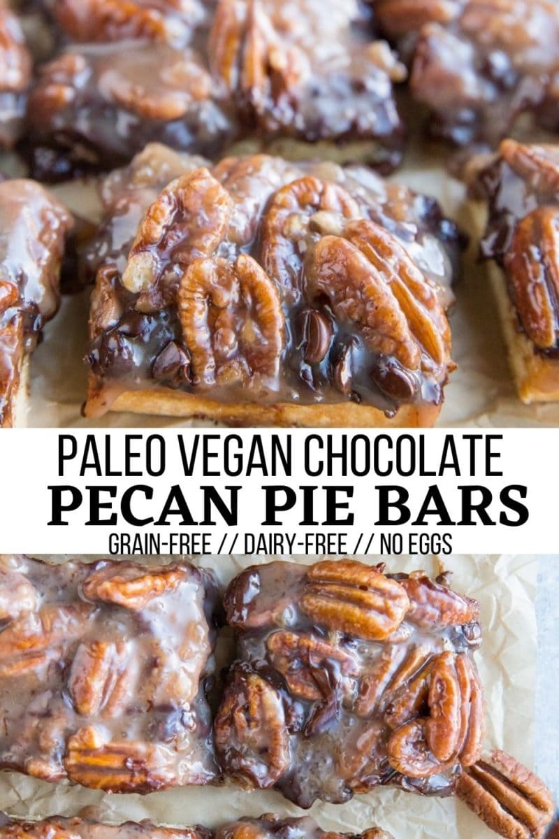 Paleo Vegan Pecan Pie Bars made egg-free, dairy-free, refined sugar-free, and grain-free. This easy dessert bar recipe is gooey and amazing on a shortbread crust!