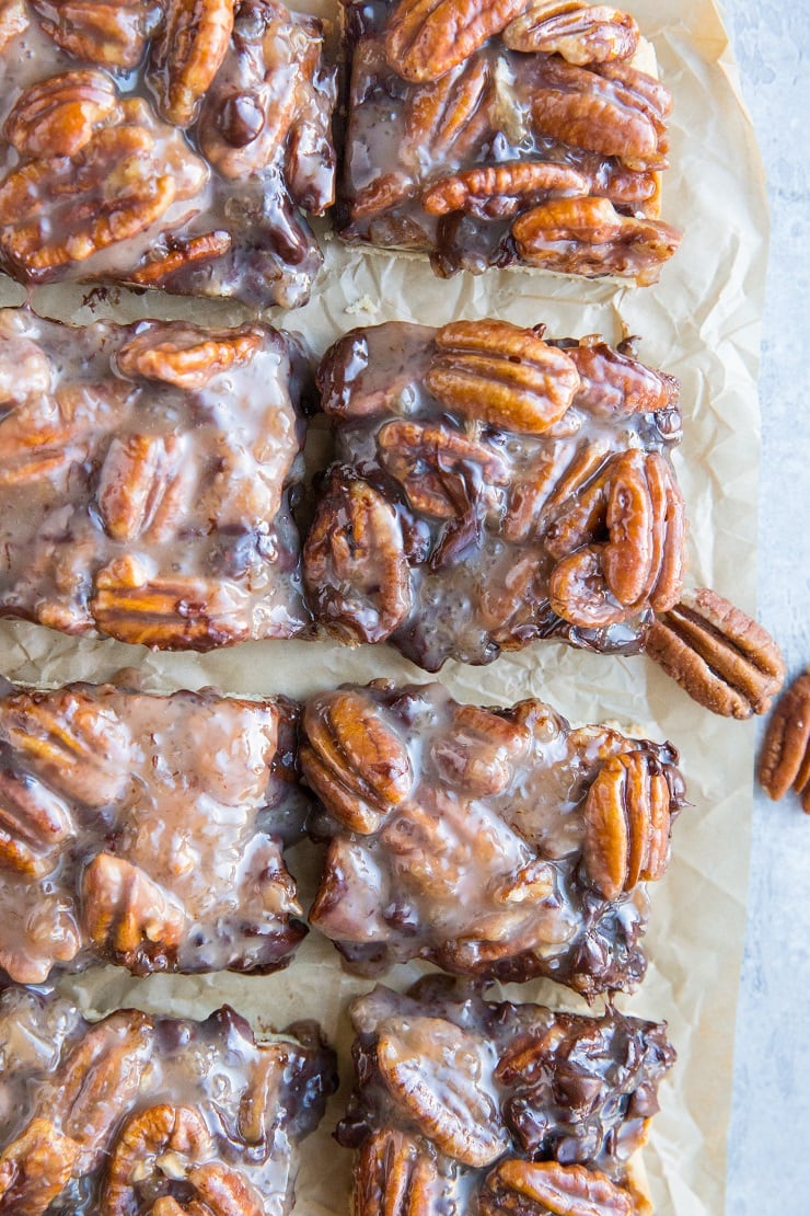 Grain-Free Vegan Chocolate Chip Pecan Bars - paleo, egg-free, dairy-free, refined sugar-free gooey bars on a shortbread crust