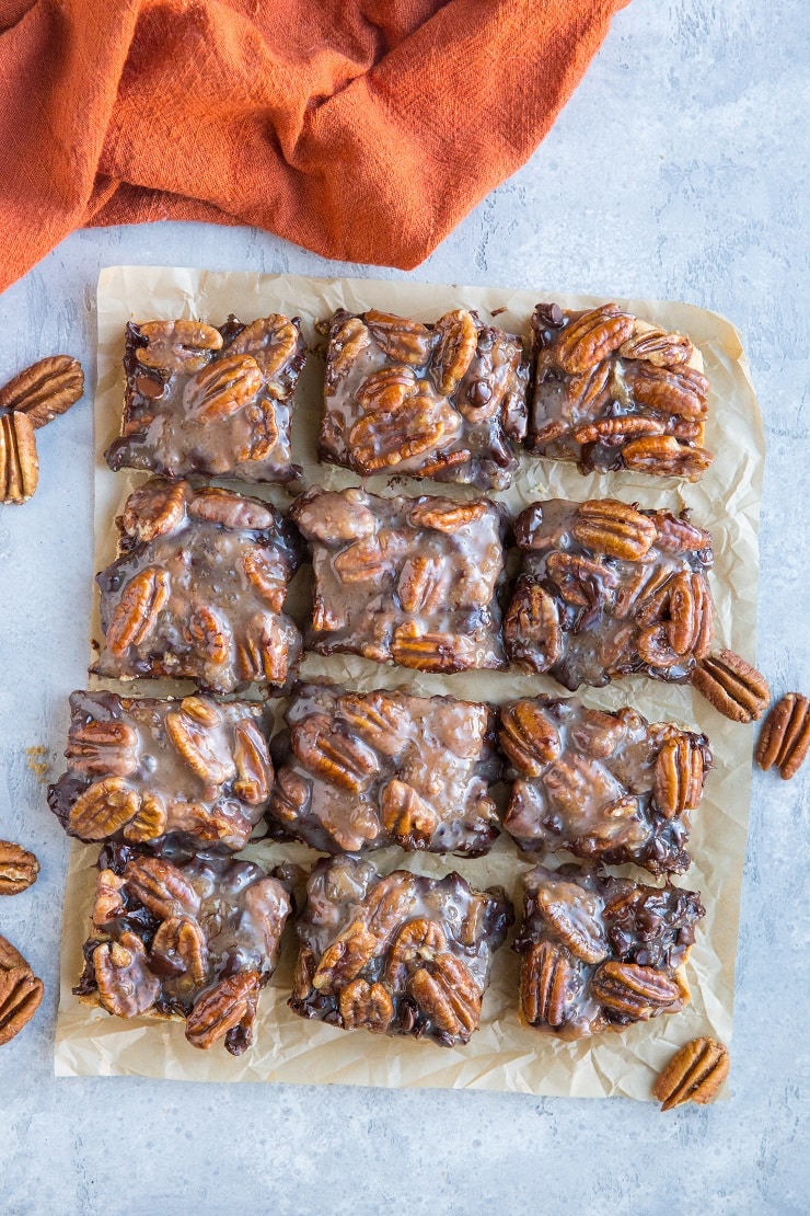 Easy Vegan Chocolate Chip Pecan Caramel Cookie Bars - grain-free, gluten-free, dairy-free, egg-free, delicious dessert recipe