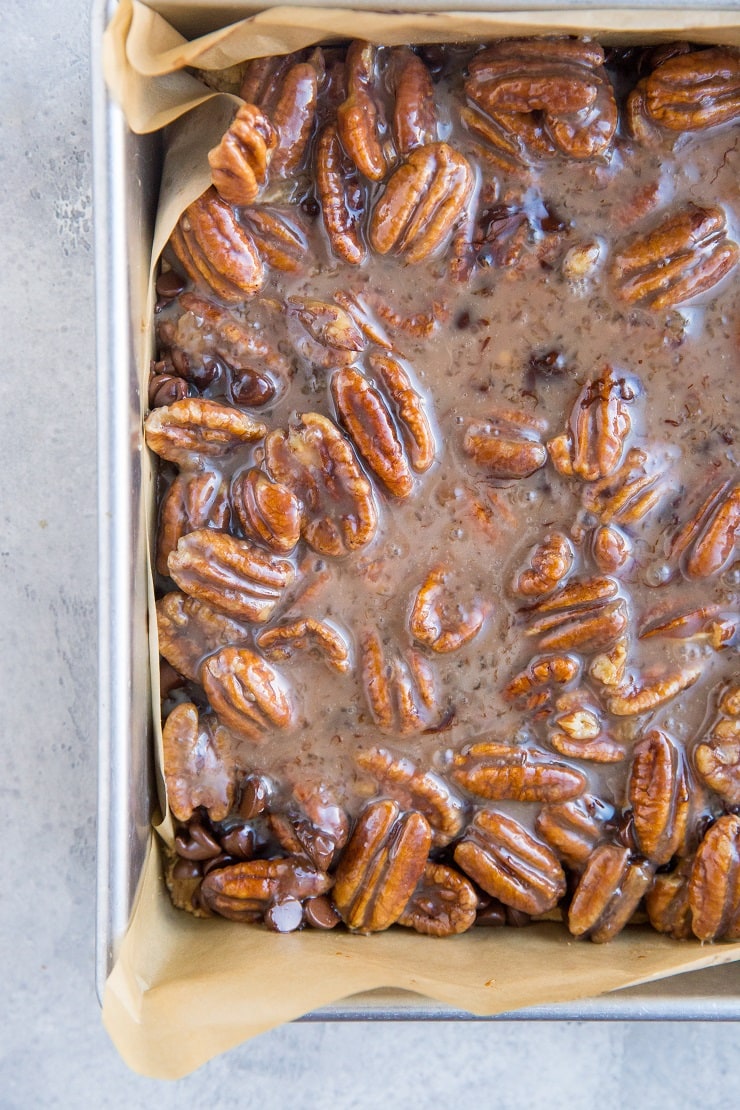 Allow the chocolate chip pecan bars to cool before slicing