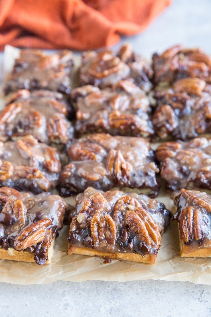 Vegan Chocolate Pecan Pie Bars (paleo) - a delicious holiday dessert! Grain-free, gluten-free, dairy-free, refined sugar-free, and egg-free. Gooey, rich crumb bars!