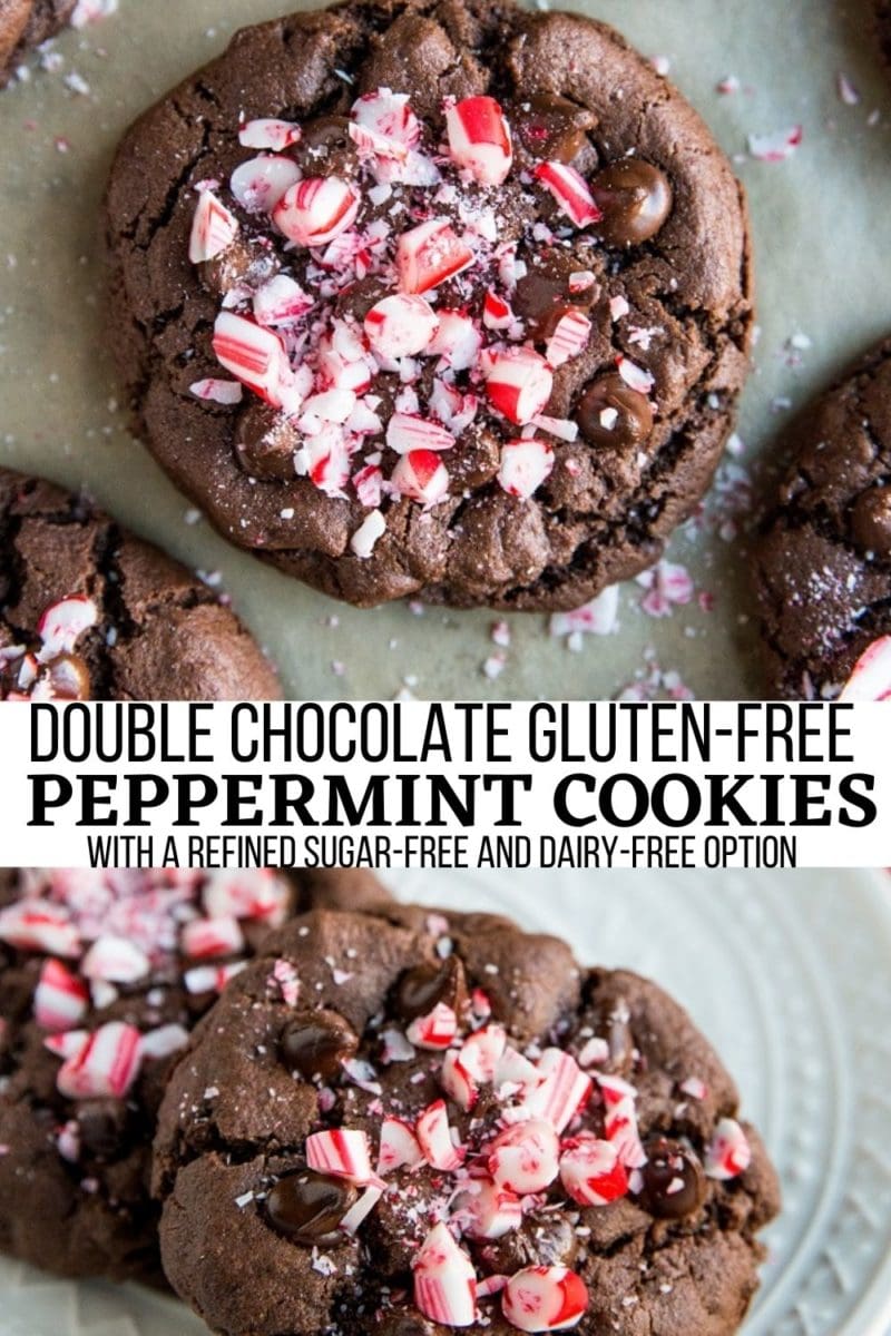 Double Chocolate Gluten-Free Peppermint Cookies - Richly chocolatey Gluten-Free Double Chocolate Peppermint Cookies are soft, chewy, and crispy. Includes a dairy-free and sugar-free option. An easy, festive Christmas Cookies Recipe #peppermint #glutenfree #christmascookies #christmasdesserts