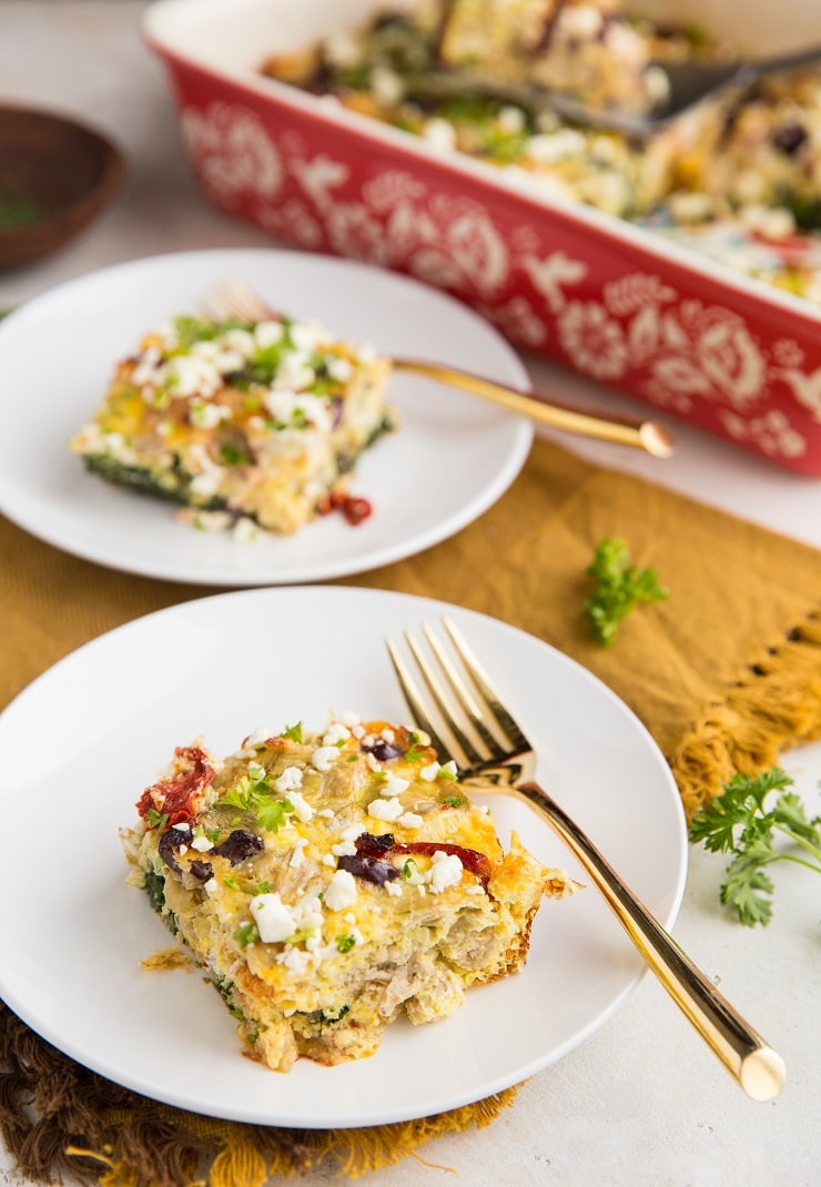 Greek Sausage Breakfast Casserole with Feta, Spinach, Sun-Dried Tomatoes, Artichoke Hearts, and Olives - a remarkably flavorful keto breakfast recipe