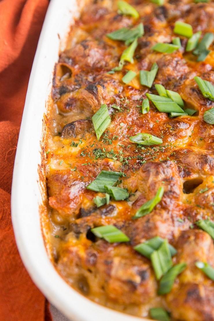 Vegan Tater Tot Casserole with creamy dairy-free cream of mushroom soup and vegan cheese is a dairy-free tater tot casserole recipe, loaded with flavor!