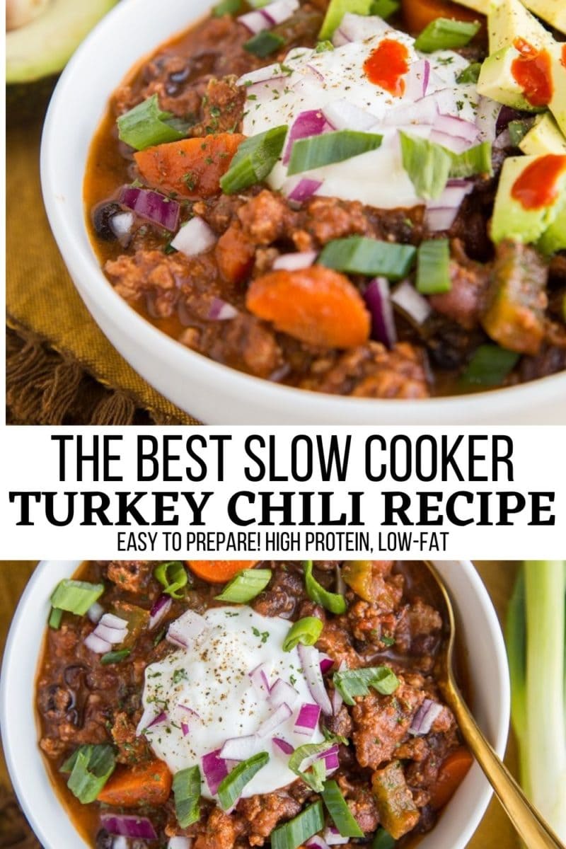 The BEST Slow Cooker Turkey Chili Recipe with black beans. Easy, high protein low fat, healthy dinner recipe