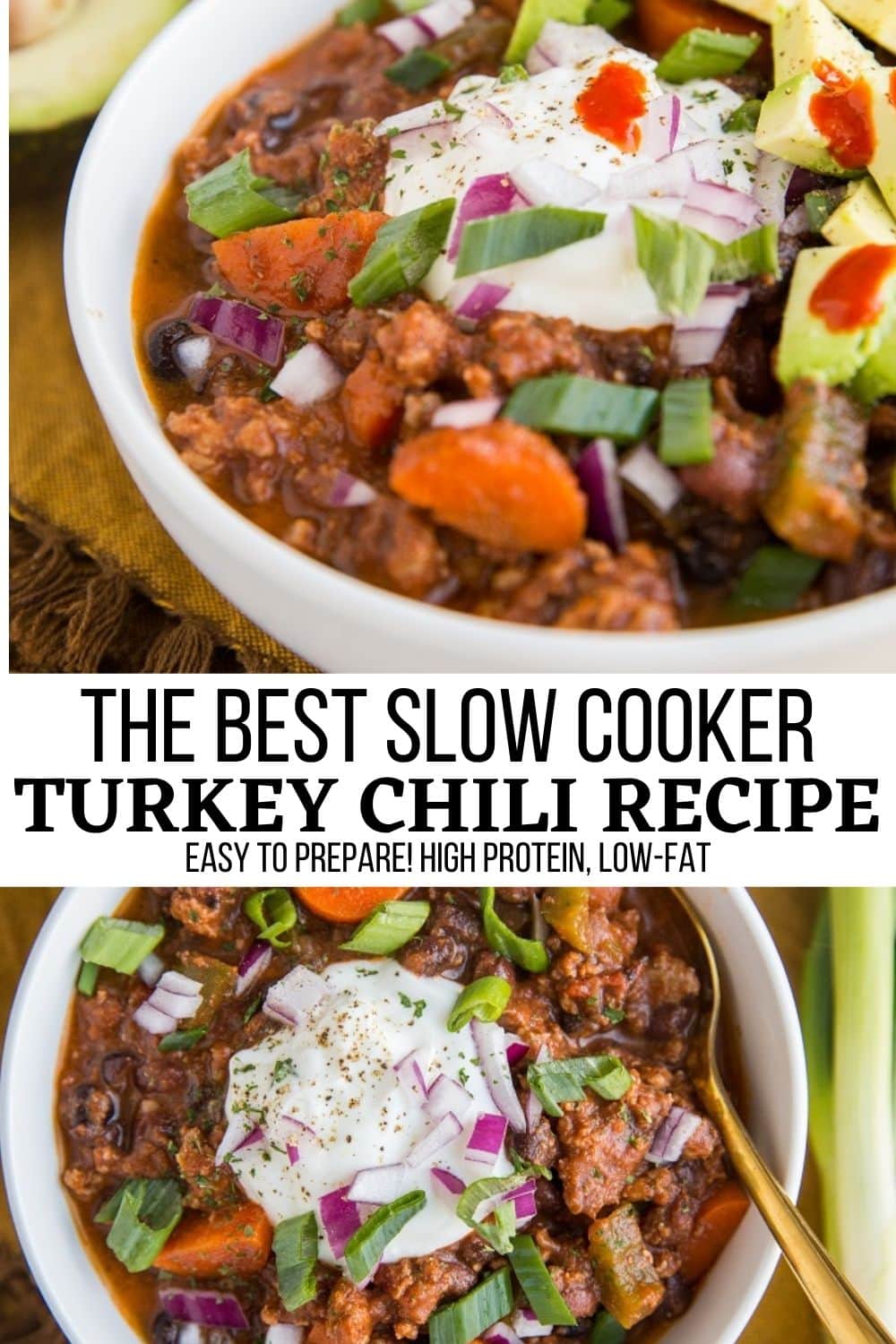 The BEST slow cooked turkey chili recipe with black beans. Easy, high protein, low fat, healthy dinner recipe