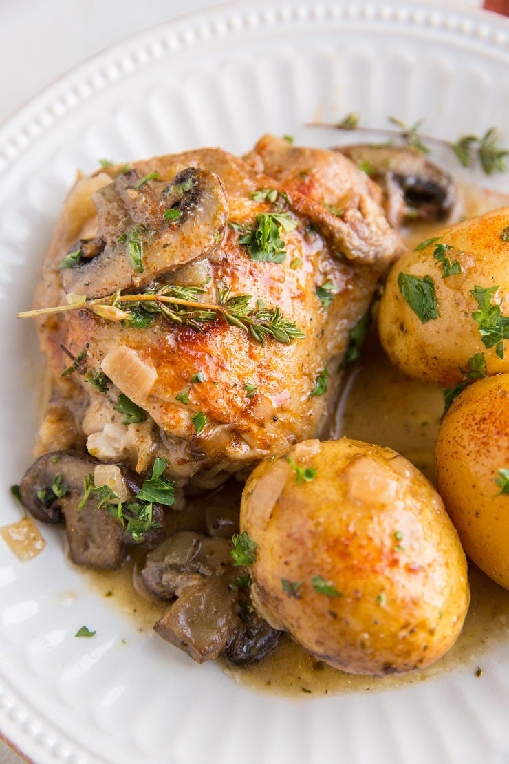 Slow Cooker Mushroom Chicken with Potatoes and a creamy dairy-free sauce. Gluten-free, paleo, whole30, healthy dinner recipe