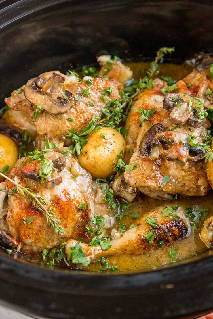 Slow Cooker Creamy Mushroom Chicken with Potatoes. A well-balanced meal that is paleo, whole30 and healthy
