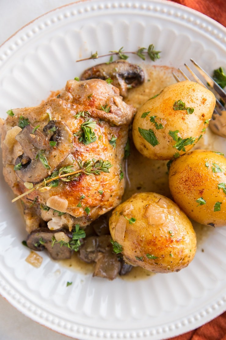 Crock Pot Creamy Mushroom Chicken with Potatoes - paleo, whole30, healthy dinner recipe. Dairy-free, gluten-free, well-balanced meal!