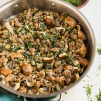 Quick and easy 30-Minute Ground Beef and Mushroom skillet with spinach, onion, and garlic. A healthy, straightforward dinner recipe that only requires 7 ingredients