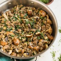 Quick and easy 30-Minute Ground Beef and Mushroom skillet with spinach, onion, and garlic. A healthy, straightforward dinner recipe that only requires 7 ingredients