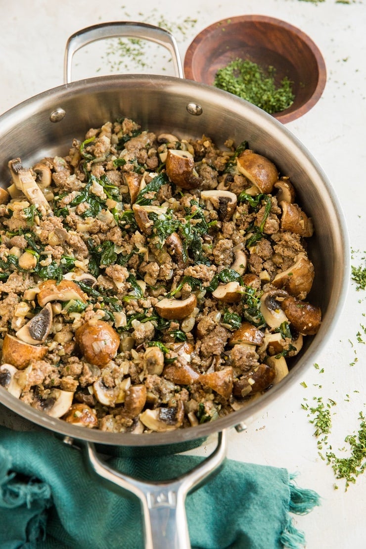 Quick and easy 30-Minute Ground Beef and Mushroom skillet with spinach, onion, and garlic. A healthy, straightforward dinner recipe that only requires 7 ingredients