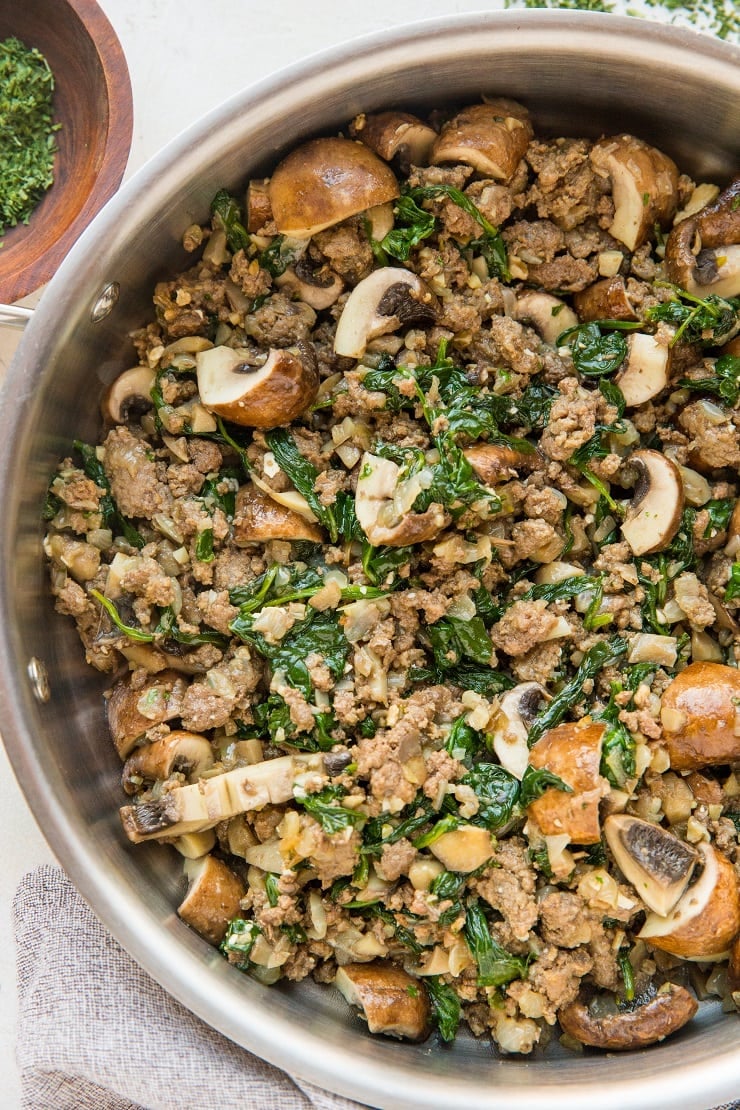 Quick and easy 30-Minute Ground Beef and Mushroom skillet with spinach, onion, and garlic. A healthy, straightforward dinner recipe that only requires 7 ingredients