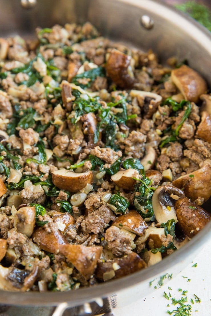 Ground Beef and Mushroom Skillet with spinach, onion and garlic. A quick and easy 7-ingredient dinner recipe!