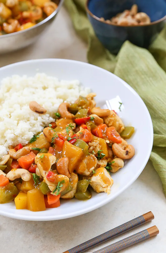 30-Minute Paleo Mango Cashew Chicken recipe - better than takeout cashew chicken made soy-free, refined sugar-free, and gluten-free.