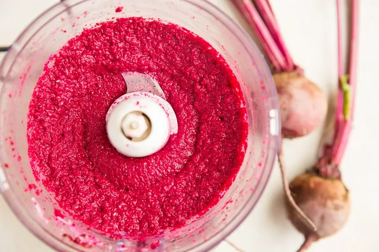 Finished creamy beet pesto in a food processor