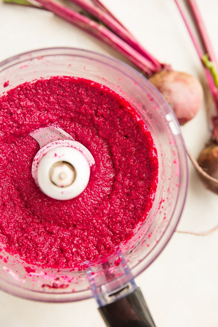 Roasted beet and walnut pesto sauce. Easy to prepare in the food processor!