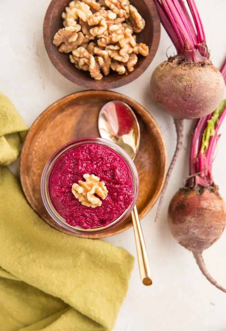 Delicious and nutritious beet pesto sauce with walnuts is a superfood sauce recipe