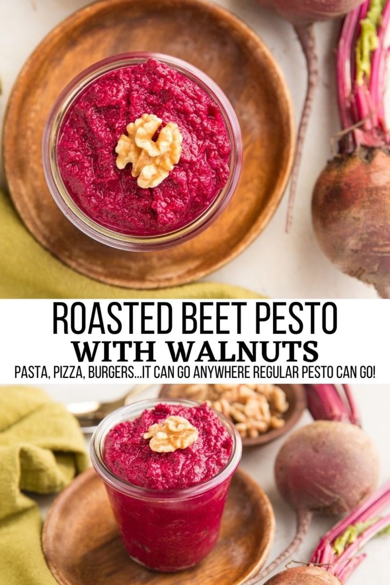 Roasted Beet Pesto Sauce with walnuts - a nutrient-dense sauce recipe that can be used in pasta, pizzas, burgers, or anywhere a regular pesto sauce can be used!