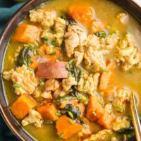 Creamy Sweet Potato and Ground Turkey Soup with spinach, turmeric, and ginger. A delicious, healthy dinner recipe