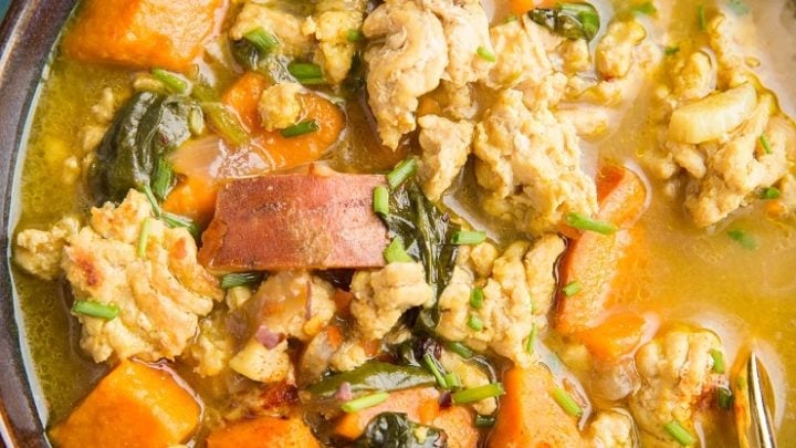Creamy Sweet Potato and Ground Turkey Soup with spinach, turmeric, and ginger. A delicious, healthy dinner recipe