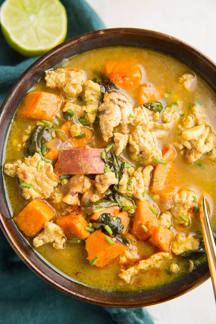Creamy Sweet Potato and Ground Turkey Soup with spinach, turmeric, and ginger. A delicious, healthy dinner recipe