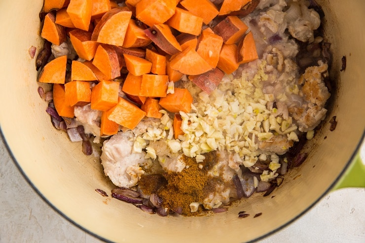 Stir in the sweet potatoes, ginger, turmeric, garlic, and sea salt