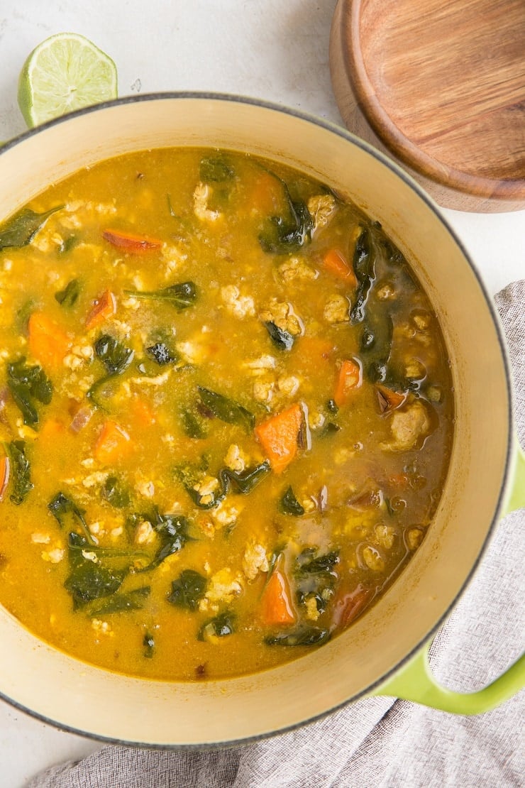 Creamy Anti-Inflammatory Sweet Potato and Turkey Soup with spinach and ginger. A delicious healthy dinner recipe