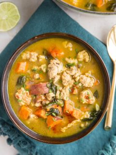 Ground Turkey Sweet Potato Soup with spinach, turmeric, and ginger. Creamy, filling, clean soup recipe with nutrient-packed foods