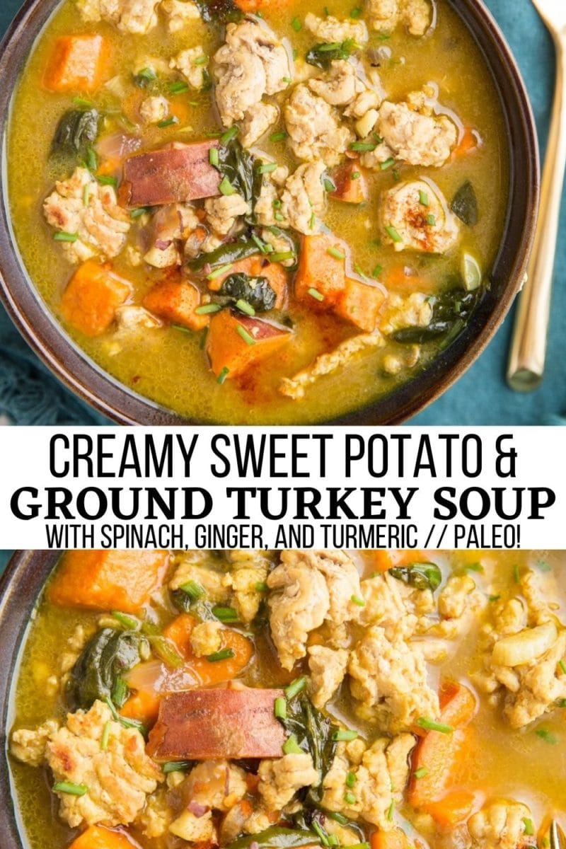 Anti-Inflammatory Sweet Potato & Ground Turkey Soup with ginger, spinach, and turmeric. Creamy, dairy-free, gluten-free, healthy soup recipe