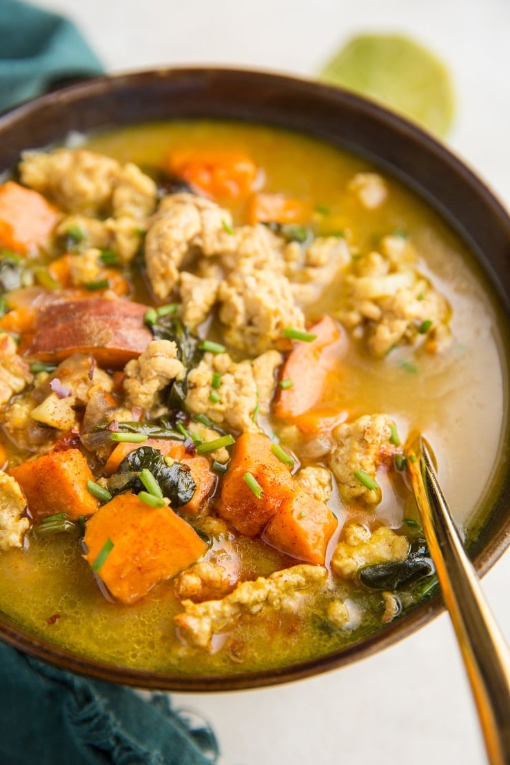 Sweet Potato Ground Turkey Soup with Ginger Turmeric Spinach and Garlic - an anti-inflammatory paleo whole30 dinner recipe