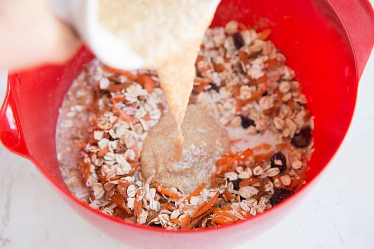 Stir in the dairy-free milk, pure maple syrup and flax eggs