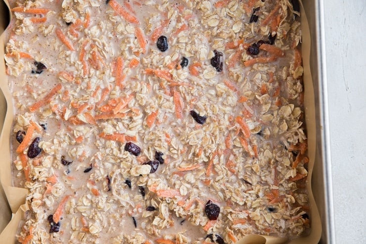 Vegan Carrot Cake Baked Oatmeal in a baking pan ready to bake