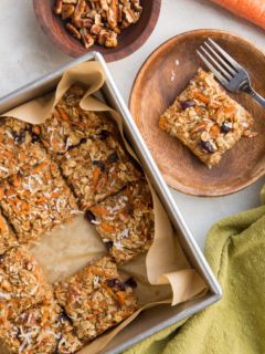 Vegan Carrot Cake Baked Oatmeal - gluten-free, dairy-free, egg-free, delicious baked oatmeal with grated carrots, pecans, shredded coconut, and raisins.