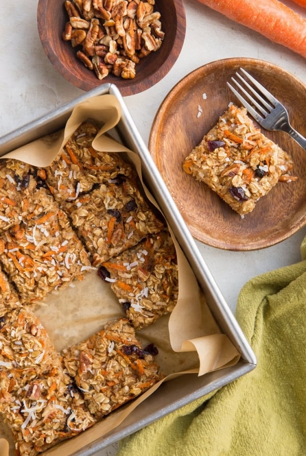 Vegan Carrot Cake Baked Oatmeal - gluten-free, dairy-free, egg-free, delicious baked oatmeal with grated carrots, pecans, shredded coconut, and raisins.