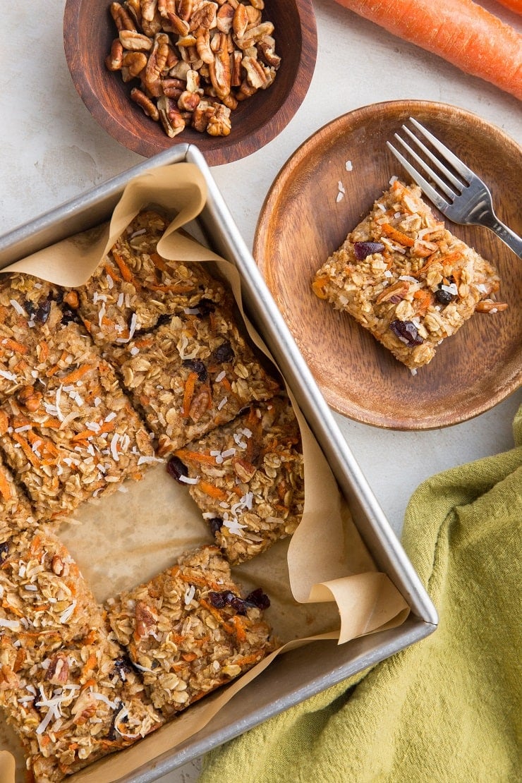 Vegan Carrot Cake Baked Oatmeal - gluten-free, dairy-free, egg-free, delicious baked oatmeal with grated carrots, pecans, shredded coconut, and raisins.