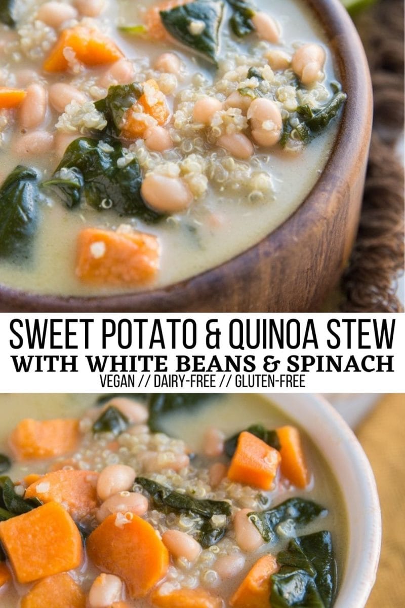 Creamy Vegan Sweet Potato and Quinoa Stew with white beans and spinach. A healthy vegetarian gluten-free soup recipe.