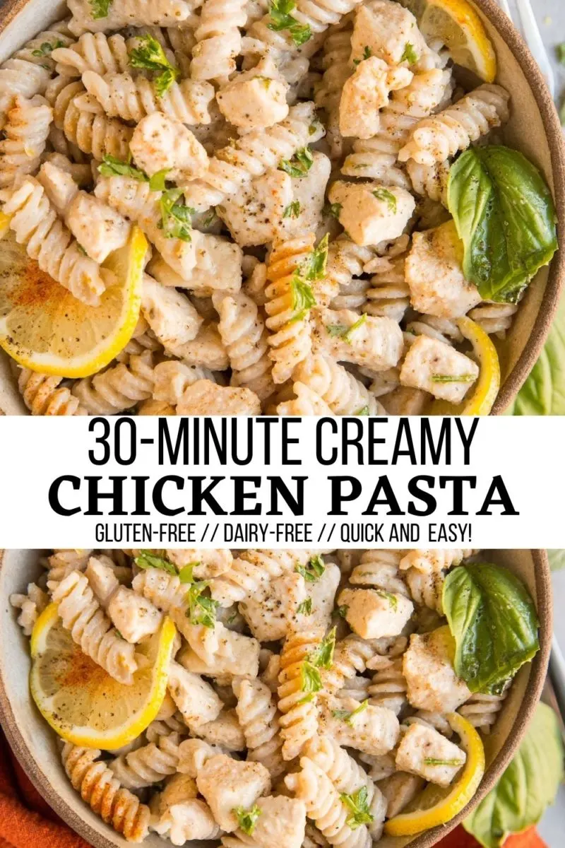 Gluten-Free Dairy-Free Creamy Chicken Pasta is seeping in onion, garlic, and zesty lemon flavors with a rich sauce. Plus, it's ready in just about 30 minutes!